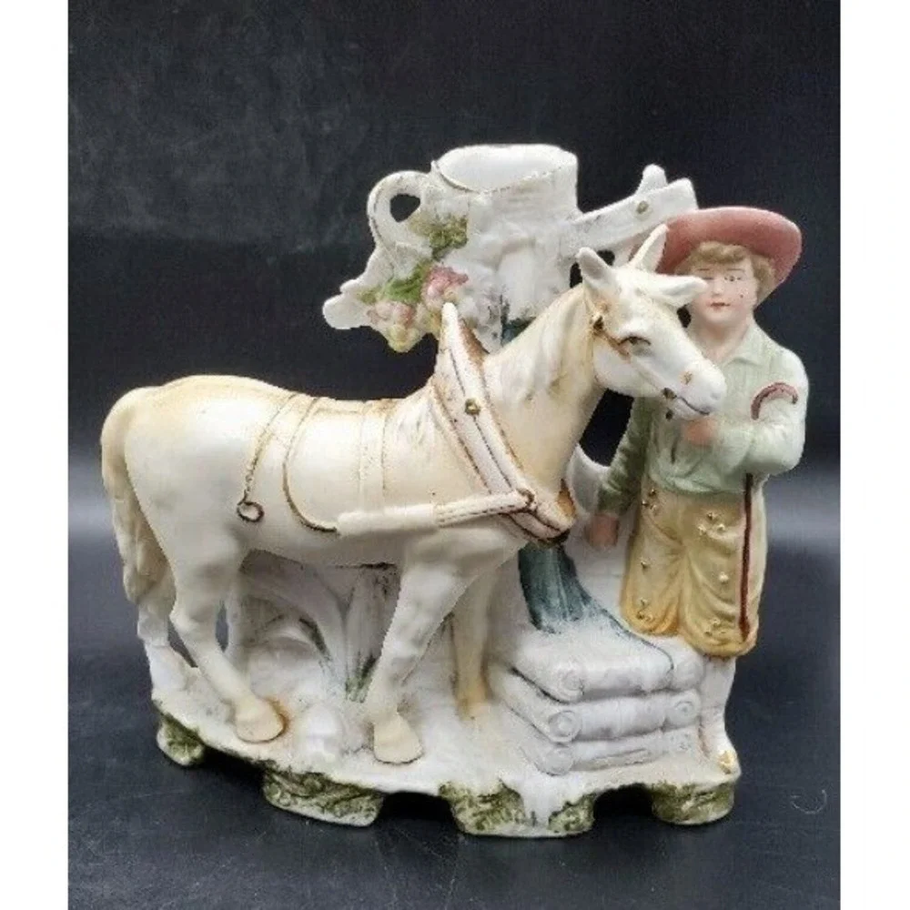 Antique‎ Pair German Grafental Bisque Porcelain Figurine Vase Horse People 6.5